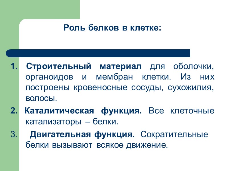 Роль белков в клетке:   1. Строительный материал для оболочки, органоидов и мембран